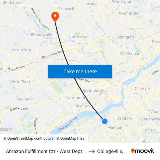 Amazon Fulfillment Ctr - West Deptford to Collegeville, PA map