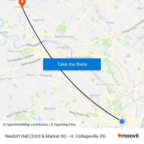 Nesbitt Hall (33rd & Market St) to Collegeville, PA map