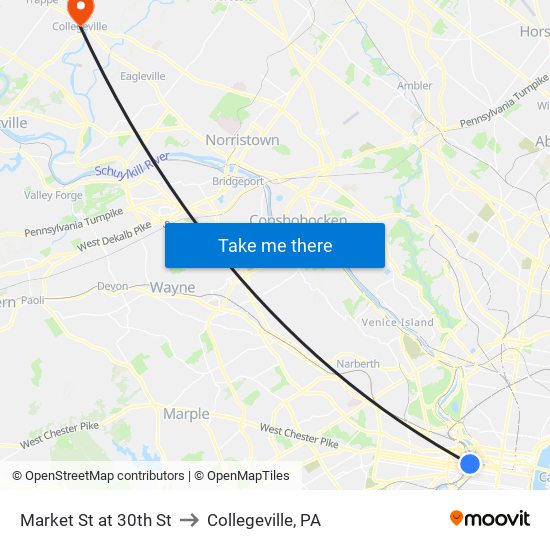 Market St at 30th St to Collegeville, PA map