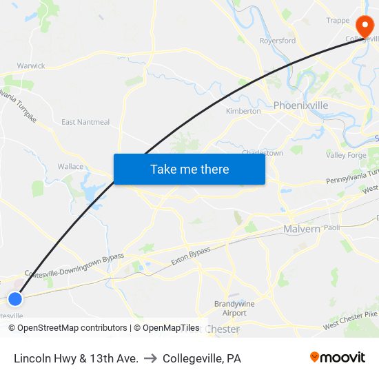 Lincoln Hwy & 13th Ave. to Collegeville, PA map