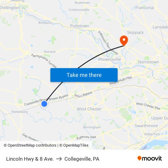 Lincoln Hwy & 8 Ave. to Collegeville, PA map