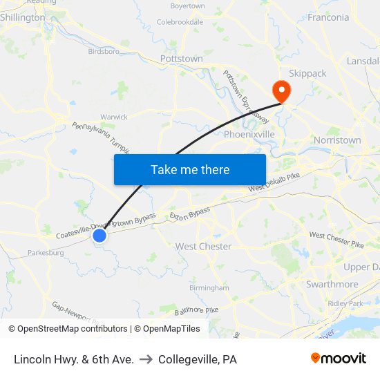 Lincoln Hwy. & 6th Ave. to Collegeville, PA map