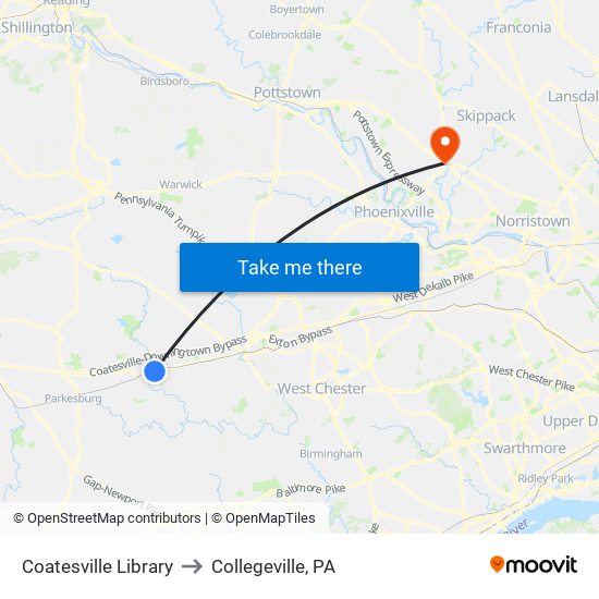 Coatesville Library to Collegeville, PA map