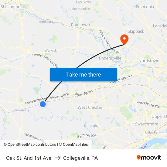 Oak St. And 1st Ave. to Collegeville, PA map