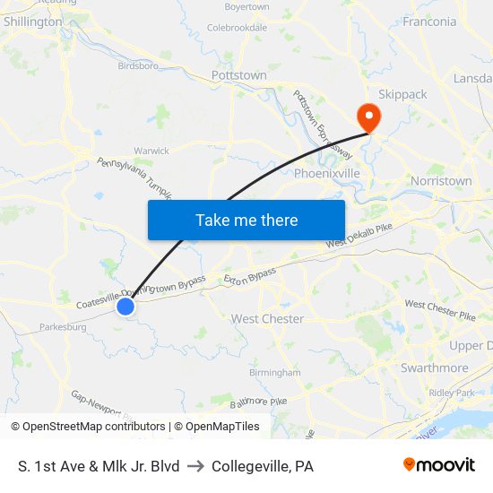S. 1st Ave & Mlk Jr. Blvd to Collegeville, PA map