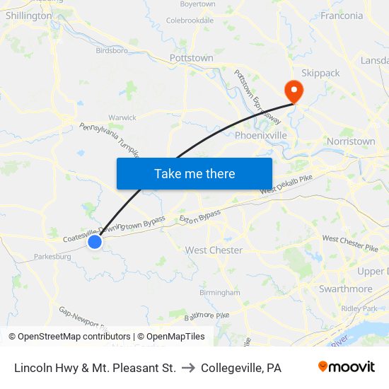 Lincoln Hwy & Mt. Pleasant St. to Collegeville, PA map