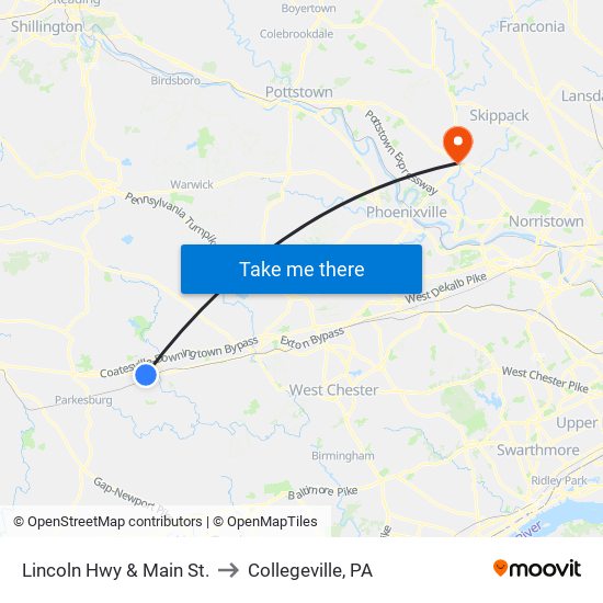 Lincoln Hwy & Main St. to Collegeville, PA map