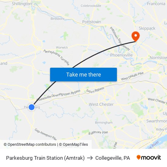 Parkesburg Train Station (Amtrak) to Collegeville, PA map