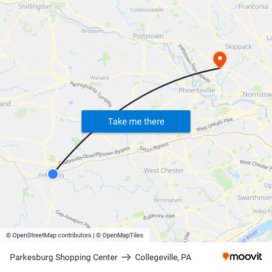 Parkesburg Shopping Center to Collegeville, PA map