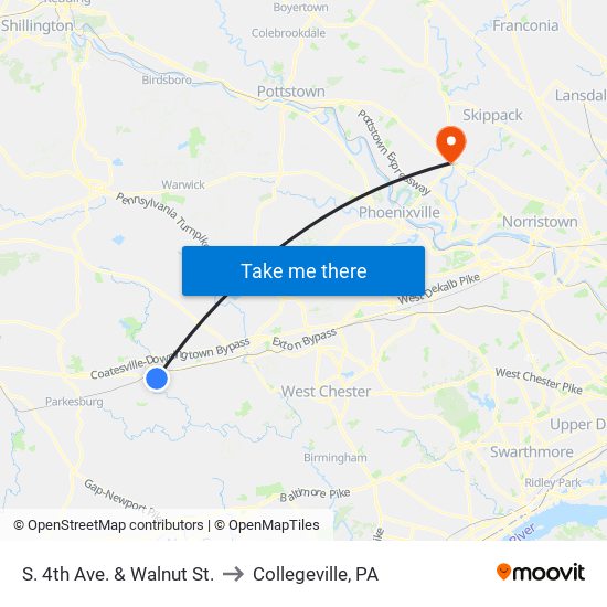 S. 4th Ave. & Walnut St. to Collegeville, PA map