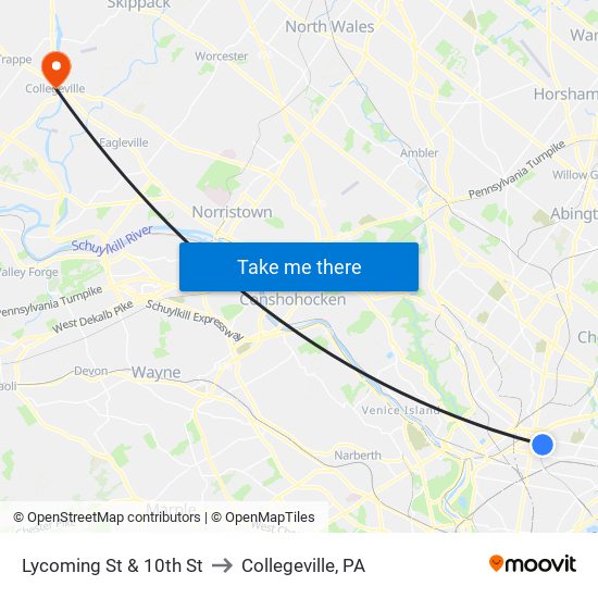 Lycoming St & 10th St to Collegeville, PA map