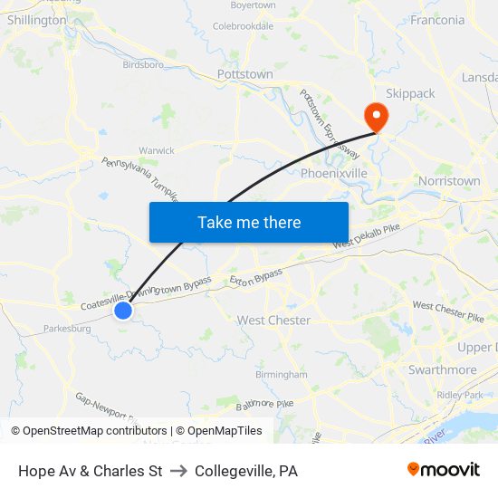 Hope Av & Charles St to Collegeville, PA map