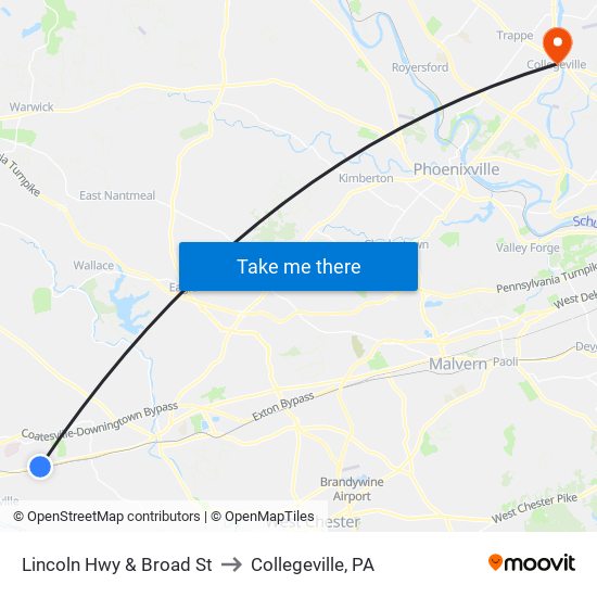 Lincoln Hwy & Broad St to Collegeville, PA map