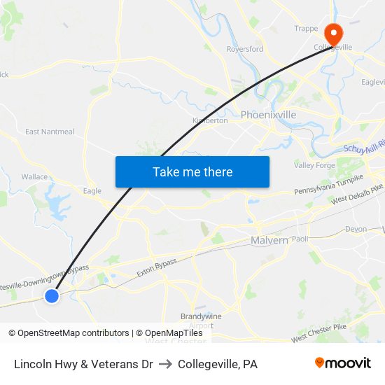 Lincoln Hwy & Veterans Dr to Collegeville, PA map