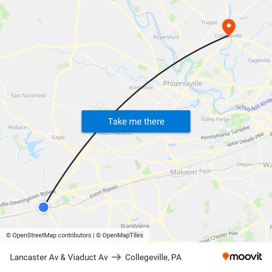 Lancaster Av & Viaduct Av to Collegeville, PA map