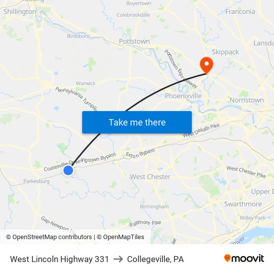 West Lincoln Highway 331 to Collegeville, PA map