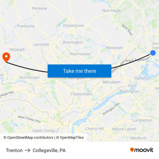 Trenton to Collegeville, PA map