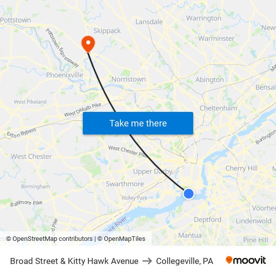 Broad Street & Kitty Hawk Avenue to Collegeville, PA map