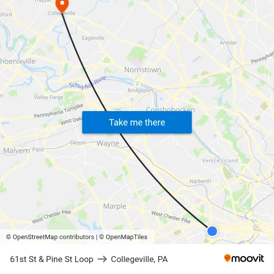 61st St & Pine St Loop to Collegeville, PA map
