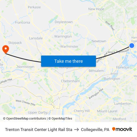 Trenton Transit Center Light Rail Sta to Collegeville, PA map