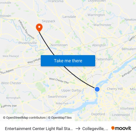 Entertainment Center Light Rail Station to Collegeville, PA map