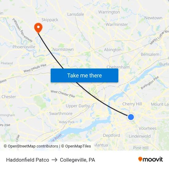 Haddonfield Patco to Collegeville, PA map