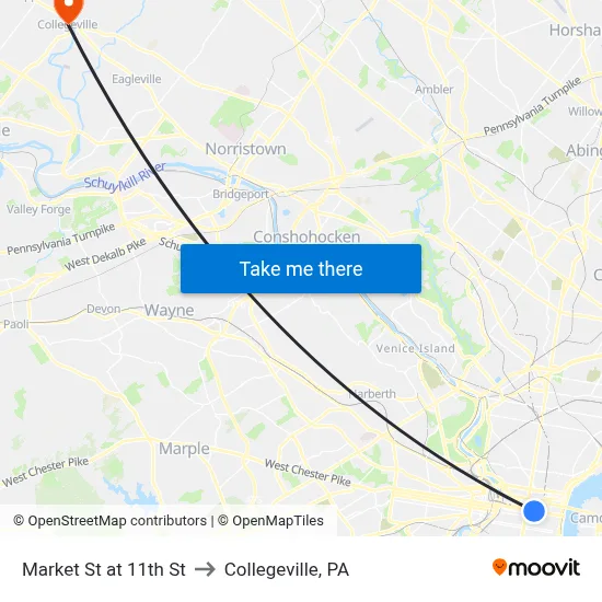 Market St at 11th St to Collegeville, PA map