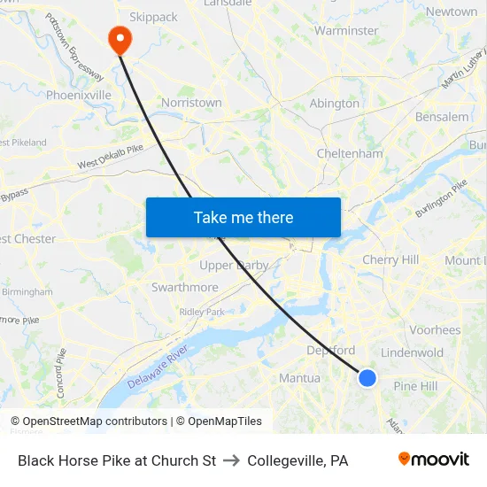 Black Horse Pike at Church St to Collegeville, PA map
