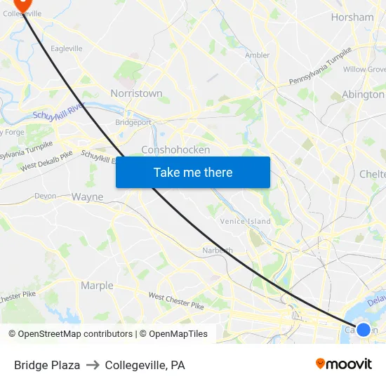 Bridge Plaza to Collegeville, PA map