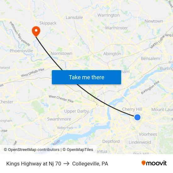 Kings Highway at Nj 70 to Collegeville, PA map