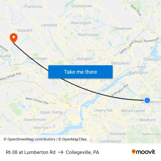 Rt-38 at Lumberton Rd to Collegeville, PA map