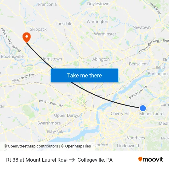 Rt-38 at Mount Laurel Rd# to Collegeville, PA map