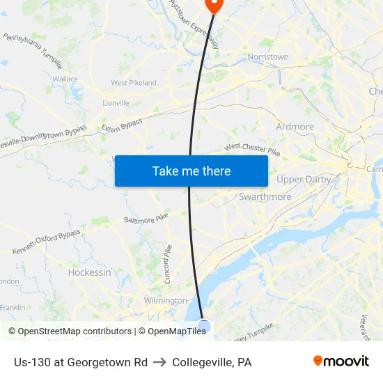 Us-130 at Georgetown Rd to Collegeville, PA map