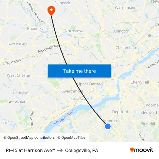 Rt-45 at Harrison Ave# to Collegeville, PA map