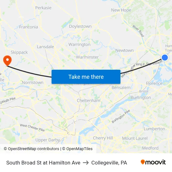 South Broad St at Hamilton Ave to Collegeville, PA map