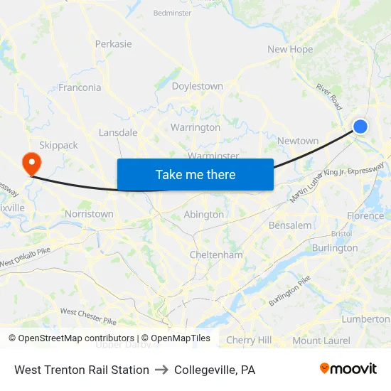 West Trenton Rail Station to Collegeville, PA map