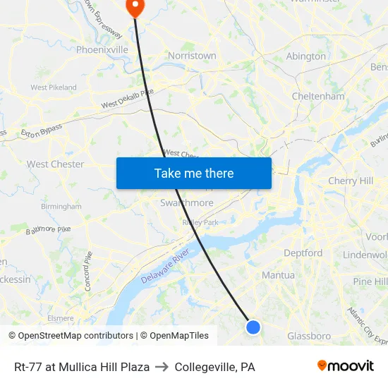 Rt-77 at Mullica Hill Plaza to Collegeville, PA map