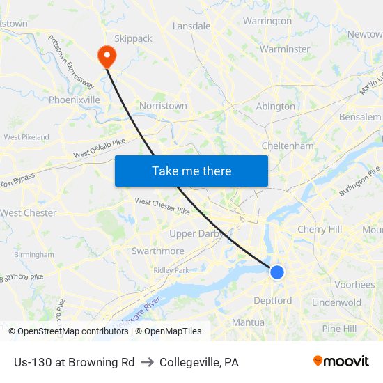 Us-130 at Browning Rd to Collegeville, PA map