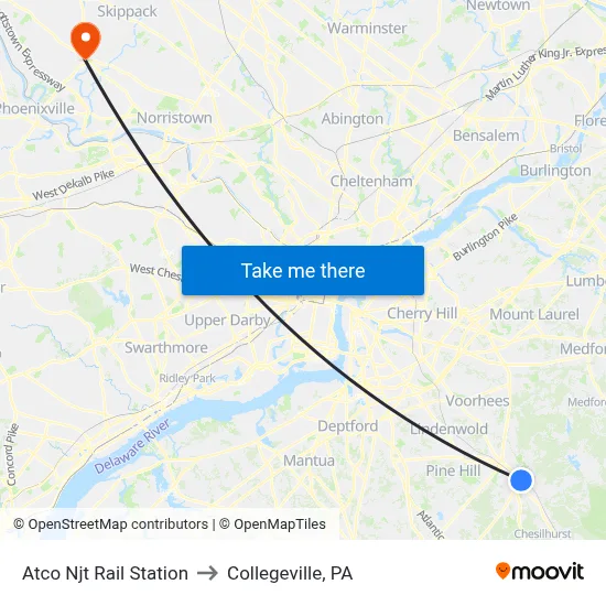 Atco Njt Rail Station to Collegeville, PA map