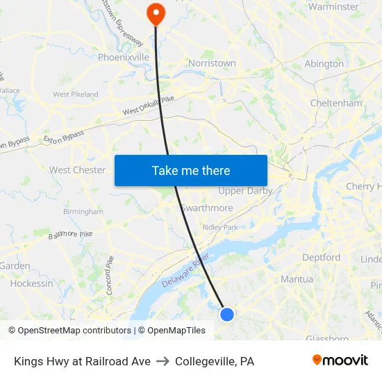 Kings Hwy at Railroad Ave to Collegeville, PA map