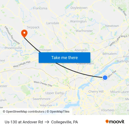 Us-130 at Andover Rd to Collegeville, PA map