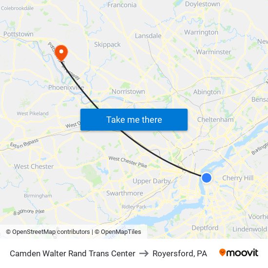 Camden Walter Rand Trans Center to Royersford, PA map
