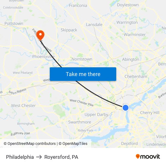 Philadelphia to Royersford, PA map