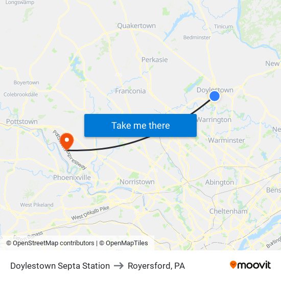Doylestown Septa Station to Royersford, PA map