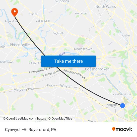 Cynwyd to Royersford, PA map