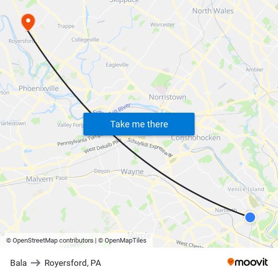 Bala to Royersford, PA map