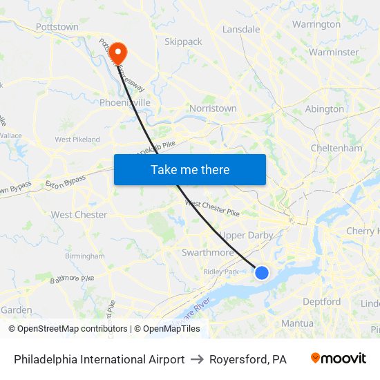 Philadelphia International Airport to Royersford, PA map