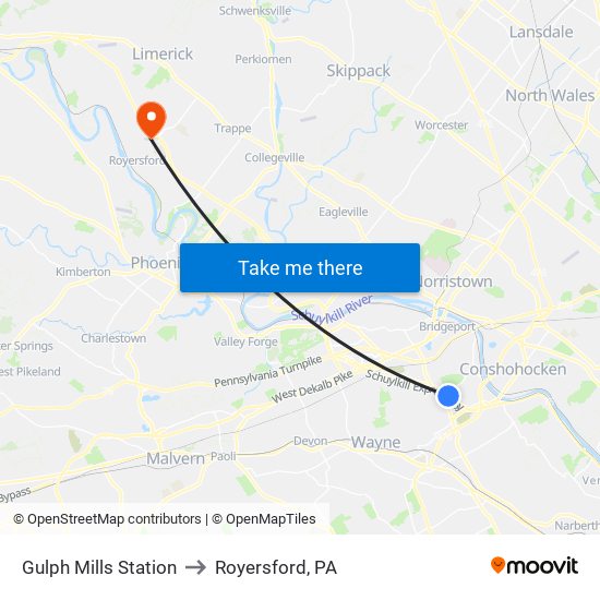 Gulph Mills Station to Royersford, PA map