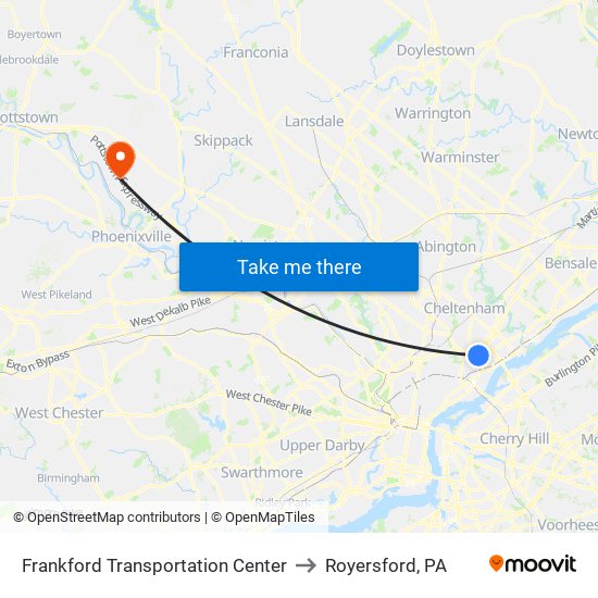 Frankford Transportation Center to Royersford, PA map