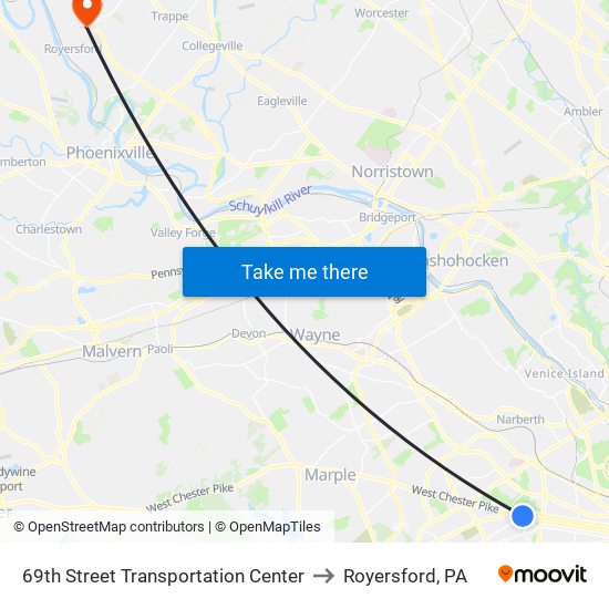 69th Street Transportation Center to Royersford, PA map